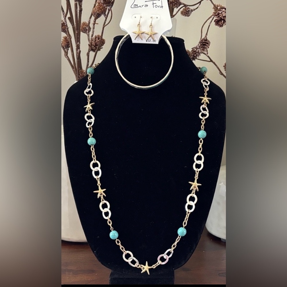 Laura Ford Goldtone,faux turquoise,silvertone circles,starfish,earrings & bangle